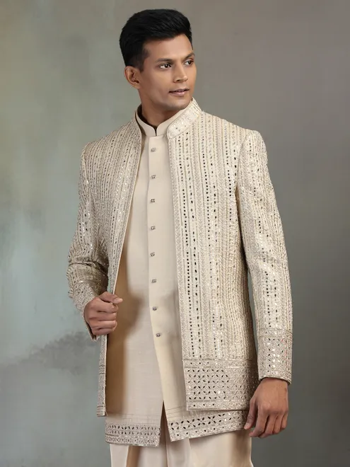 Gold mirror worked silk blend Indowestern set for men