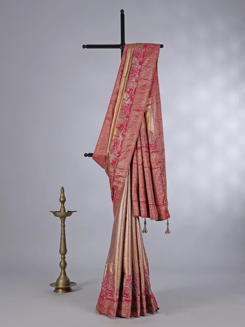 Gold pink tissue silk printed heavy work saree