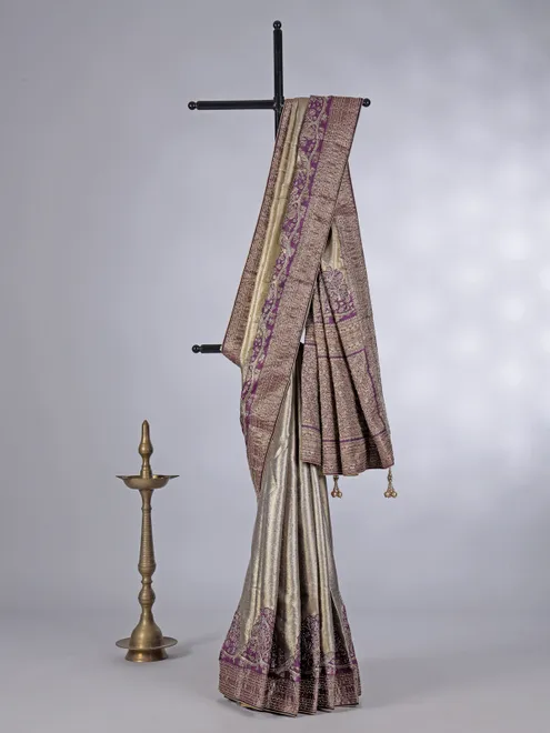 Gold purple tissue silk printed zardosi festive saree