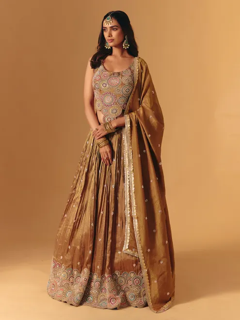 Gold silk designer cutdana bridal lehenga choli for women