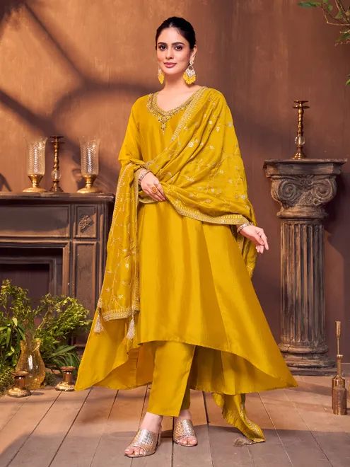 Gold silk heavy zardosi festive salwar suit