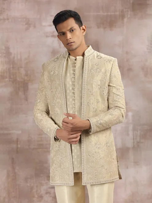 Gold silk indo western set with embroidery work