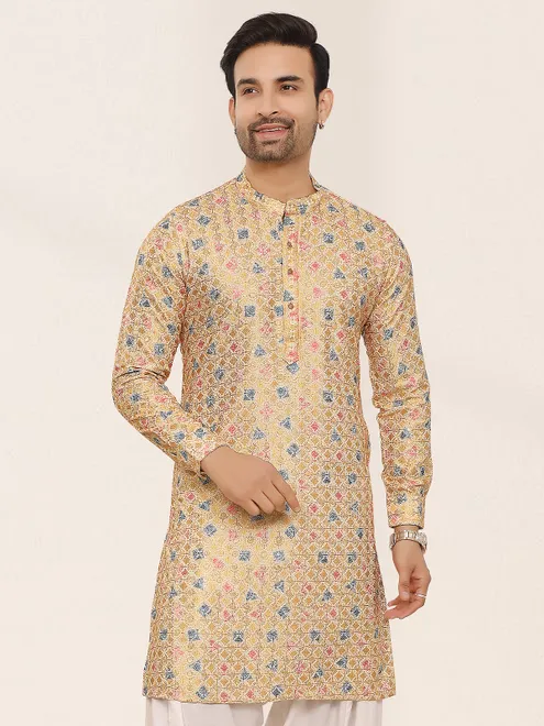 Gold silk kurta with embroidery and sequins elegance