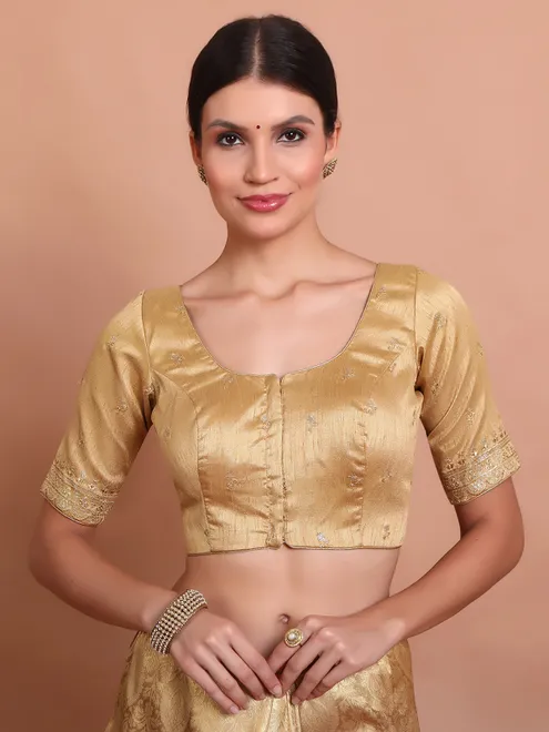 Gold silk round neck blouse with embroidered work