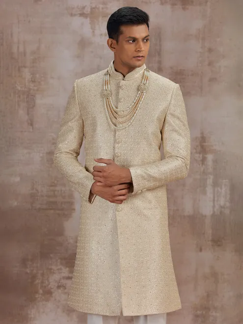 Gold silk wedding sherwani for groom
