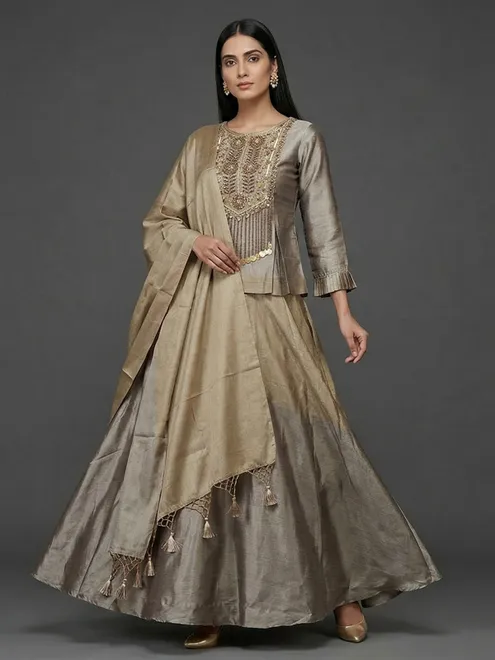 Gold silk zardosi embellished festive lehenga choli