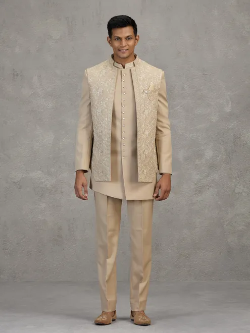 Gold terry rayon indowestern set with embroidery