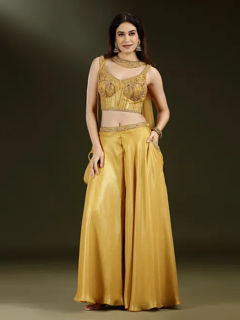 Gold tissue silk palazzo suit for wedding wear