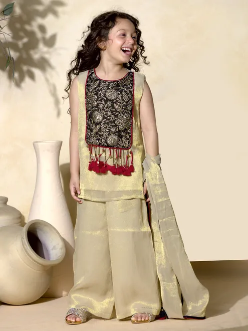 Gold tissue silk palazzo suit with zardosi work