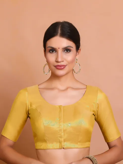 Gold tissue silk round neck ready made blouse