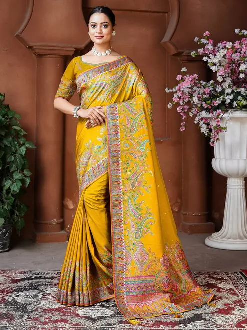 Gold yellow resham weaving dola silk saree