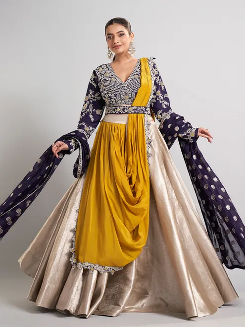 Golden and purple lehenga choli with attached dupatta