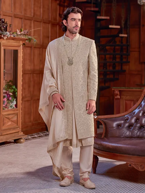 Golden art silk sherwani with dupatta