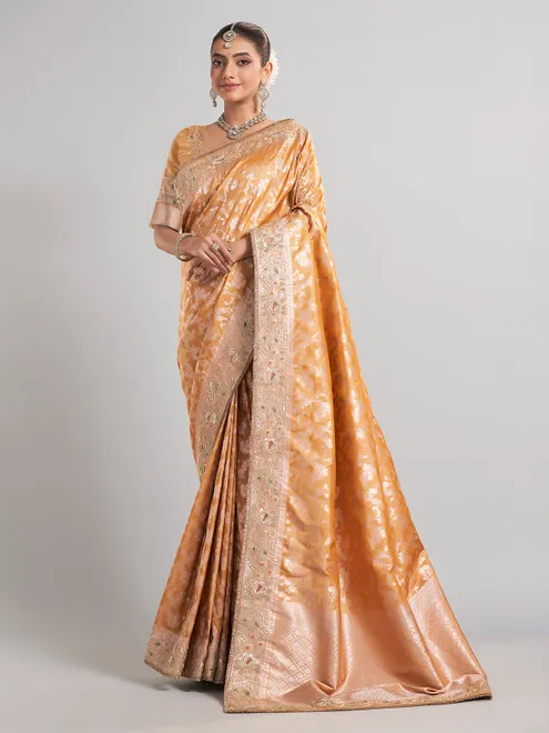 Golden banarasi silk saree with intricate zari for wedding wear