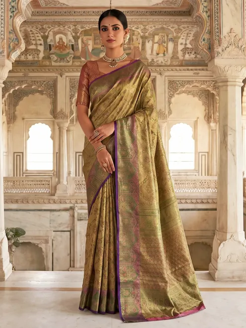 Golden Kanjivaram silk saree with zari shine