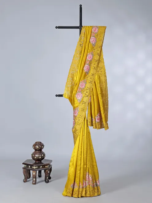 Golden semi silk saree with elegant cutwork and embroidery