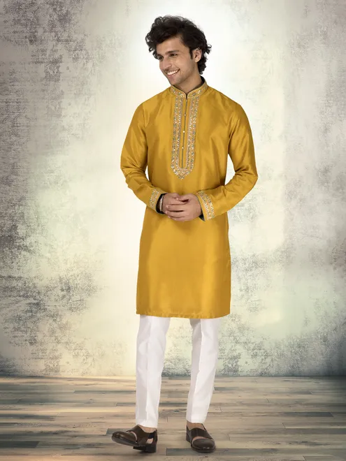 Golden silk kurta suit with embroidery and aabla work