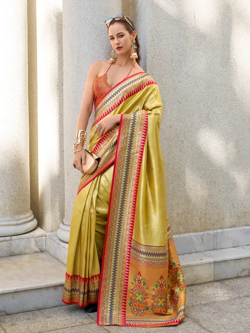 Golden tissue silk saree with zari weaving