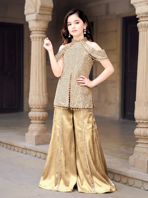 Golden wedding wear palazzo suit for girls