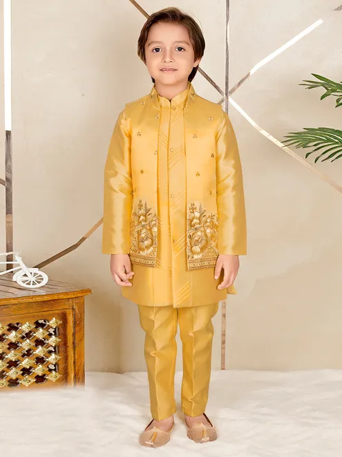Golden yellow raw silk festive wear waistcoat set for boys