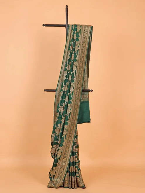 Gorgeous dark green silk sari with zari work