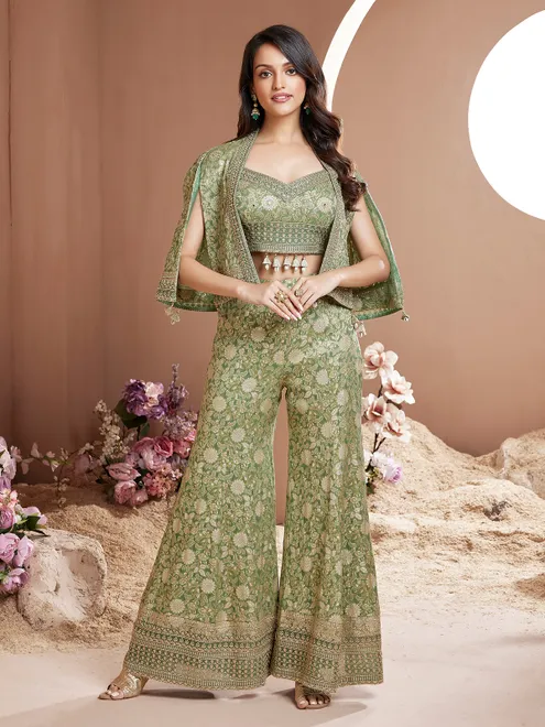 Gorgeous jacket style green silk palazzo suit for women