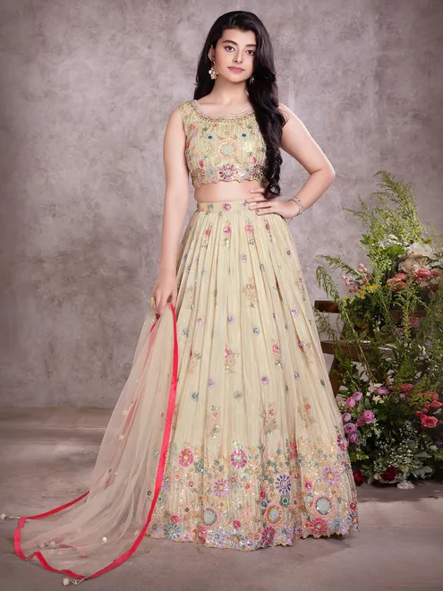 Gorgeous silk beige lehenga choli for girls
