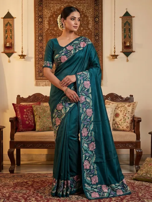 Graceful green floral embroidered festive saree