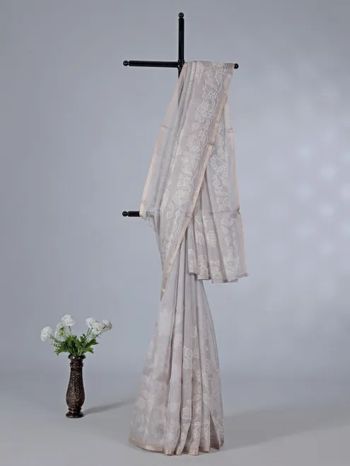 Graceful grey semi organza saree with fine embroidery detailing