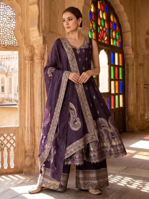 Graceful purple embroidered anarkali ensemble