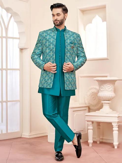 Graceful rama green indowestern for wedding splendor