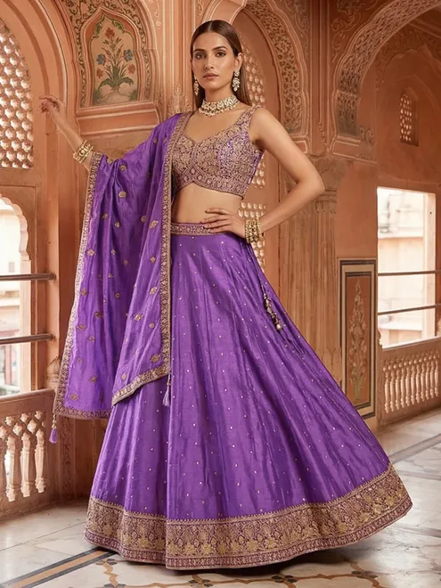 Graceful violet silk lehenga choli with embroidered festive elegance