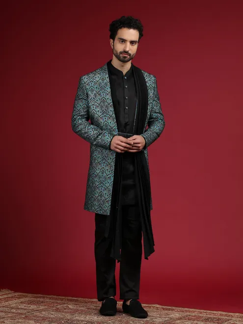 Green and black silk indowestern