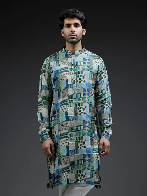 Green and blue coral printed kurta sui in silk for men