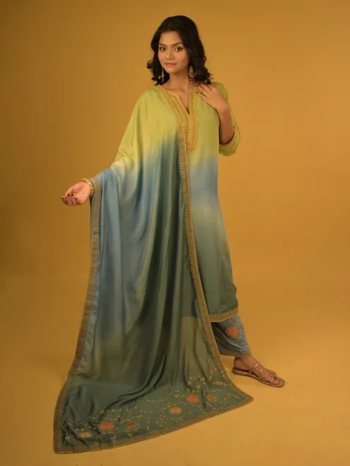 green and blue shaded palazzo suit in soft modal silk