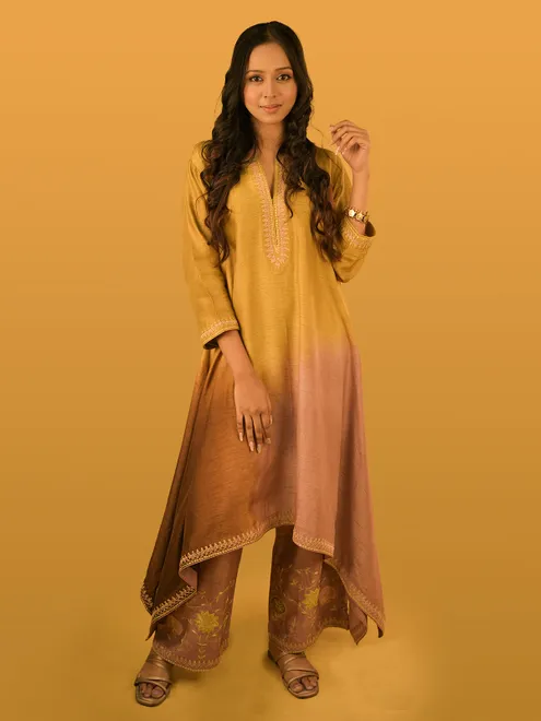 Yellow and brown silk festive wear palazzo suit