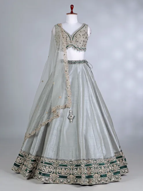Green and grey raw silk lehenga choli with dupatta