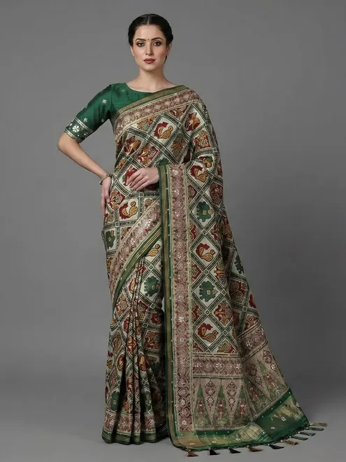 Green and off white art patola silk saree with motifs