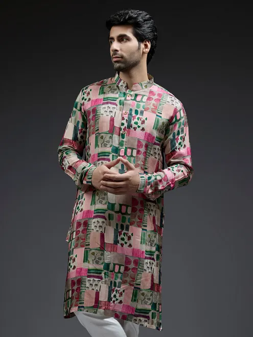 Green and pink coral printed kurta sui in silk for men