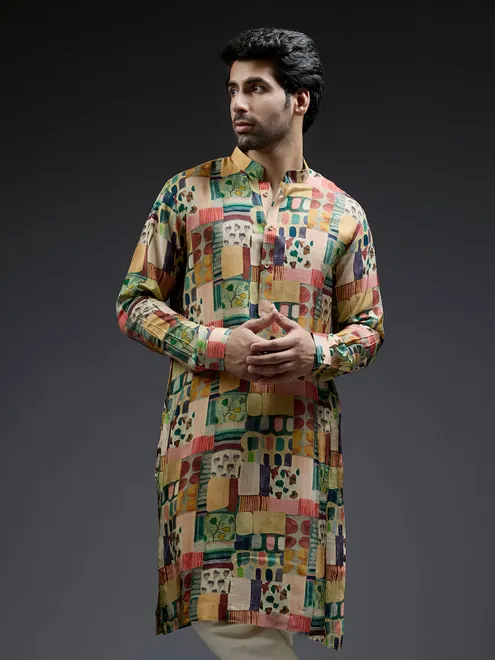 Green and yellow coral printed kurta sui in silk for men