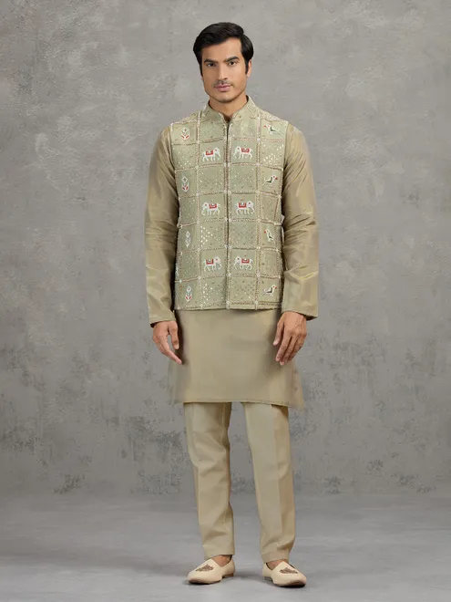 Green art silk embroidered waistcoat set