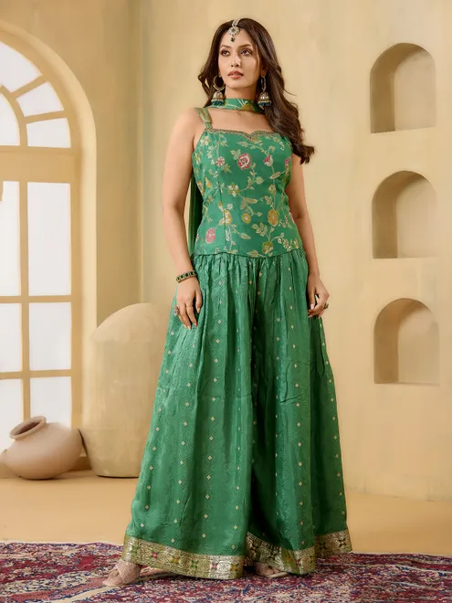 Green banarasi silk palazzo festive wear suit