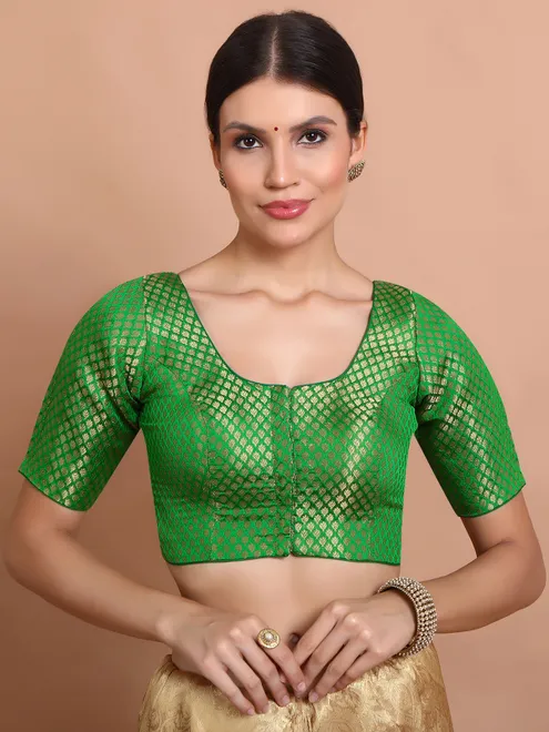 Green brocade half sleeve blouse with zari detailing