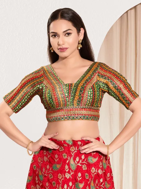 Green brocade printed V neck elbow sleeve blouse