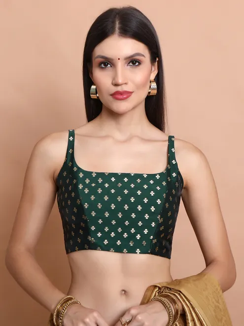 Green brocade round neck zari weaving blouse