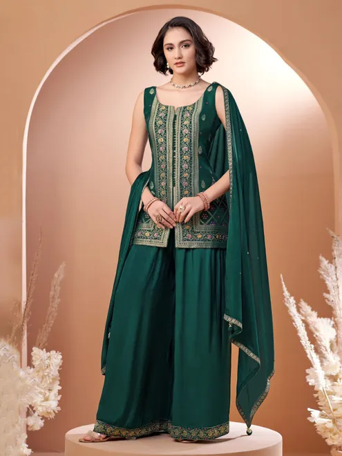 Green chiffon palazzo suit with thread and aabla work