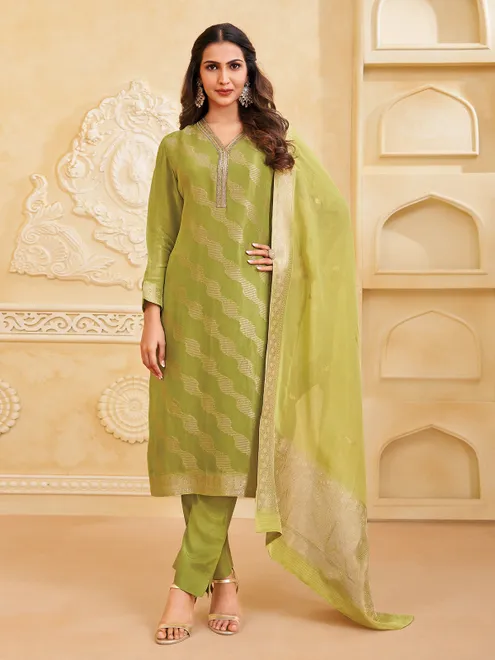 Green chiffon salwar suit for festive wear