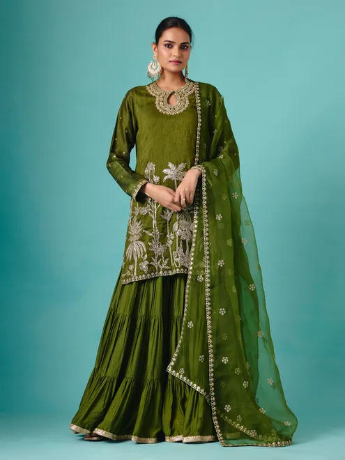 Green chinon silk net detailed sharara suit