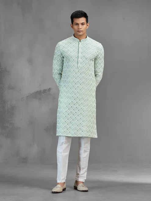 Green cotton festive men kurta suit chikankari design