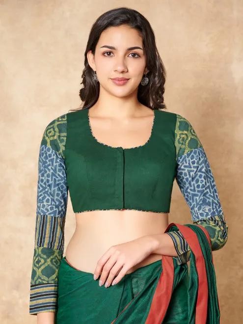 Green cotton ready made blouse with printed ajrakh sleeves